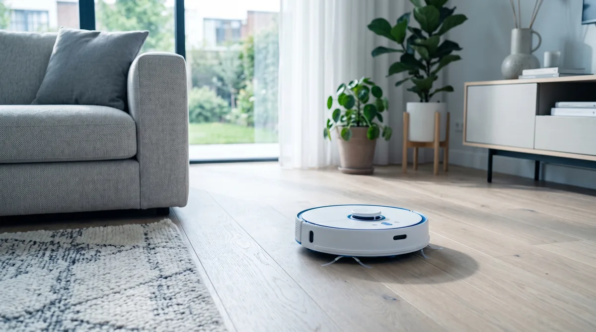Robot vacuum on a living room floor