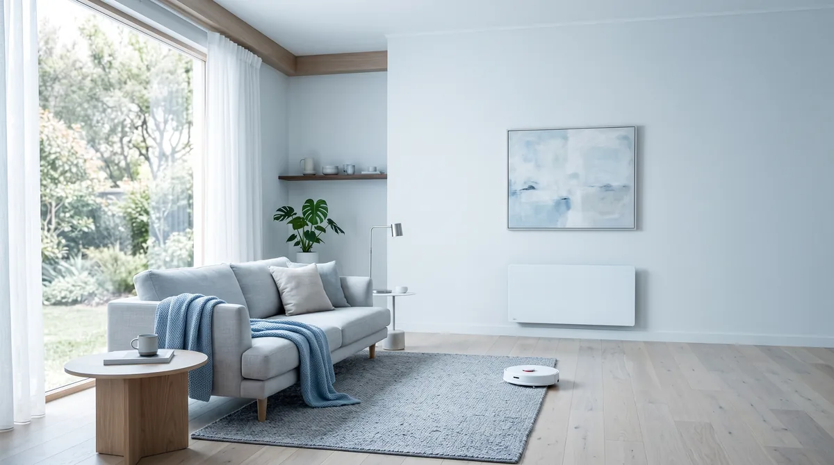 A bright living room with a robot vacuum and a wall-mounted electric heater